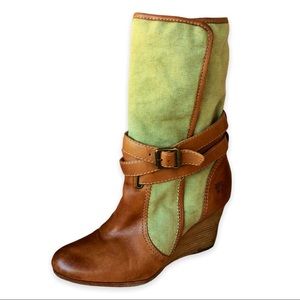 Size 7.5 FRY Booties and Mid-Calf Tan Leather Canvas Buckle Wedge Heel